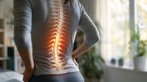 Back view of a person with a glowing, highlighted spine overlay indicating spinal pain or anatomy.