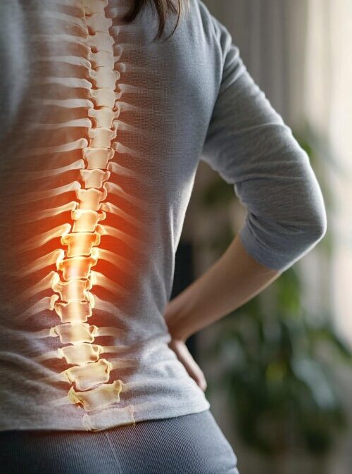 Back view of a person with a glowing, highlighted spine overlay indicating spinal pain or anatomy.