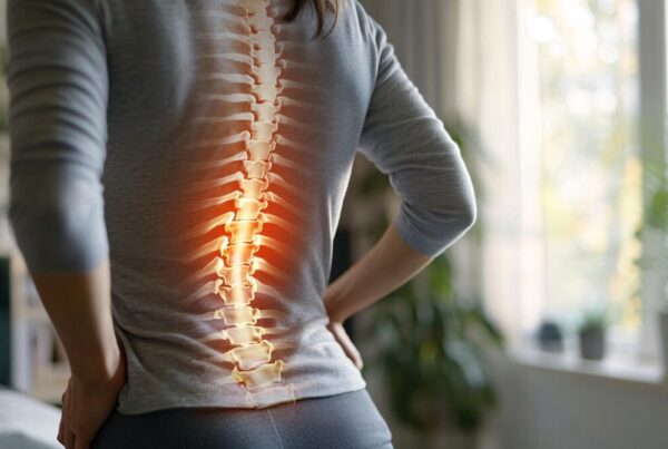 Back view of a person with a glowing, highlighted spine overlay indicating spinal pain or anatomy.