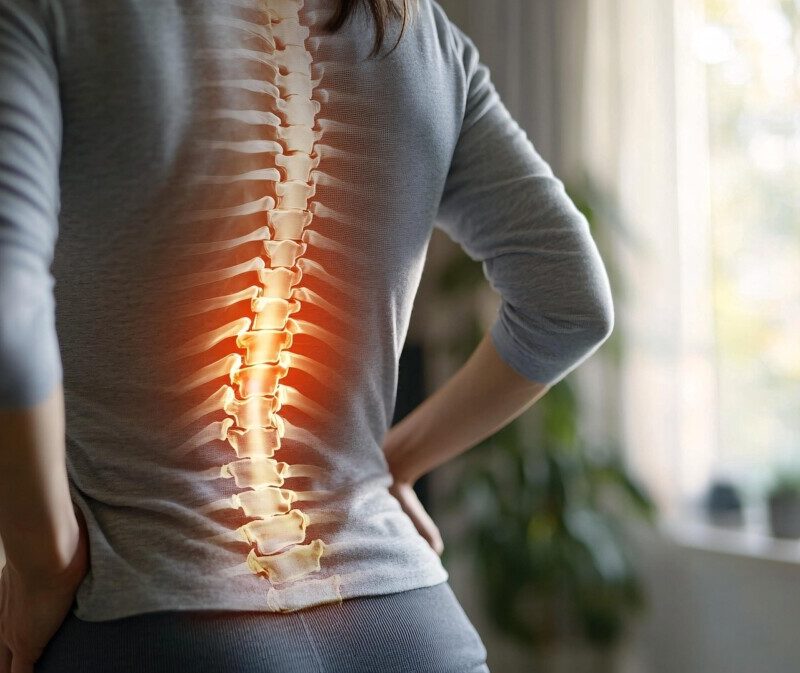 Back view of a person with a glowing, highlighted spine overlay indicating spinal pain or anatomy.