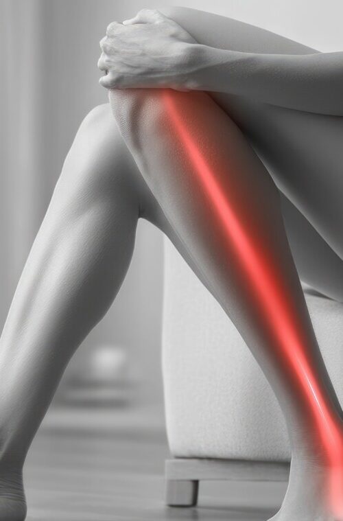 Person sitting on a sofa with one leg bent, a red glow along the shin to indicate leg pain or injury.