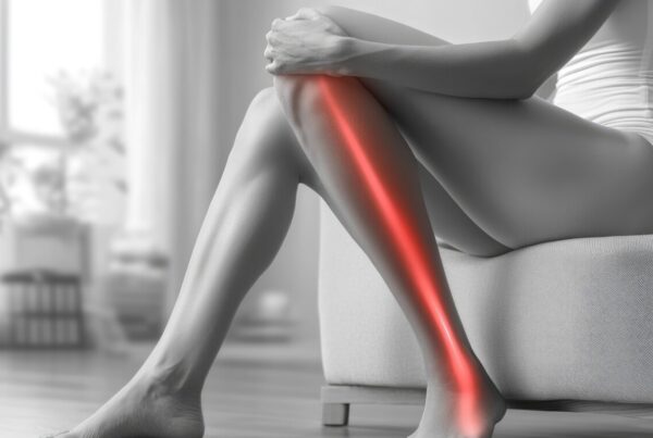 Person sitting on a sofa with one leg bent, a red glow along the shin to indicate leg pain or injury.