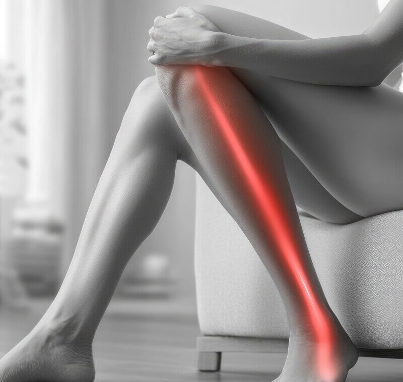 Person sitting on a sofa with one leg bent, a red glow along the shin to indicate leg pain or injury.