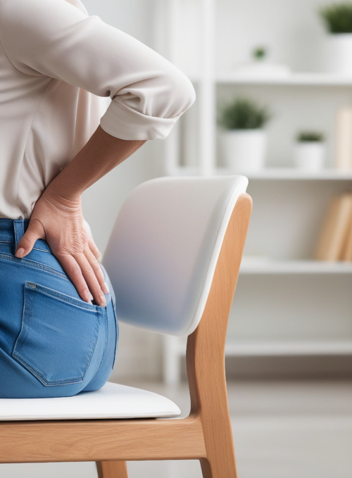 Woman seated at a desk clutching her lower back, indicating back pain or poor posture during work at home.