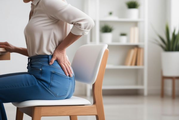 Woman seated at a desk clutching her lower back, indicating back pain or poor posture during work at home.