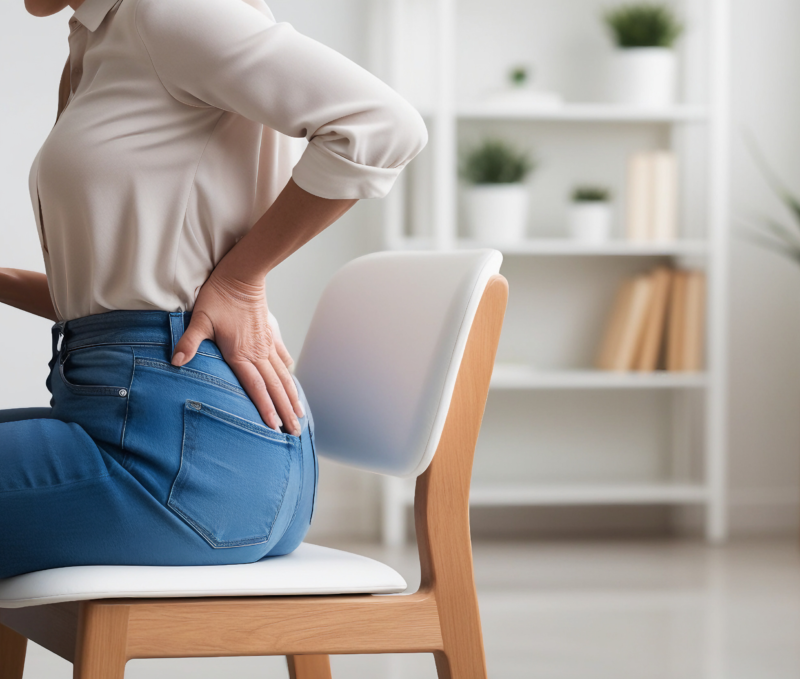Woman seated at a desk clutching her lower back, indicating back pain or poor posture during work at home.