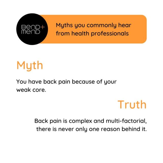 We frequently hear this from patients who were told that they need to “work on their core” so the back pain will disappear.Incorrect. Back pain is complex and multi-factorial – In fact, all pain is complex, and there is never only one reason behind it. Statements like this is misleading and often leads to harmful beliefs.#sydneyphysio #healthmyths #physiotherapyclinic #sydneycbd #pilates