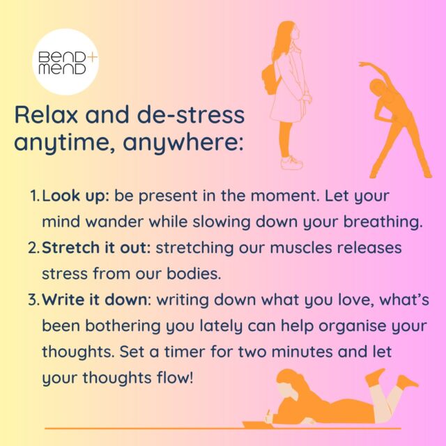 Did you know April is Stress Awareness Month? This provides a timely reminder of the importance of taking the time to look after yourself.
Short on time?
Here are three simple things you can do to relax and de-stress anytime, anywhere.
#sydneyphysio #AprilStressAwarenessMonth #destress #bendandmend