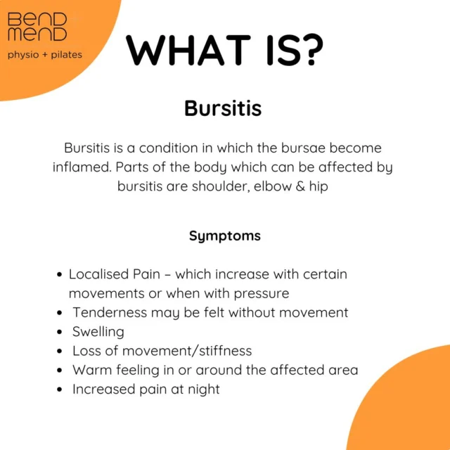 Bursa are fluid filled sacs, which cushion pressure and lubricate points between the bones, tendons, and muscles that sit near the joints. This cushioning and lubrication allows our joints to move easily. Bursitis is a condition in which the bursae become inflamed.#physiosydney #sportsphysio #bendandmend #bursitis