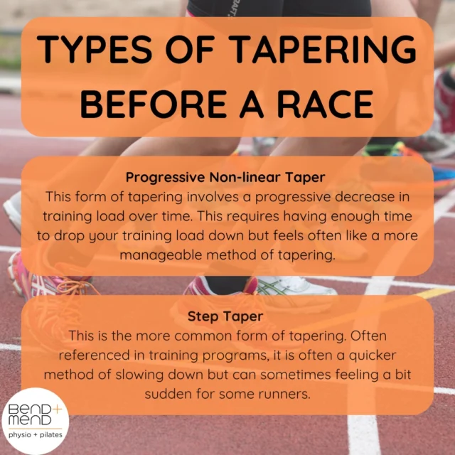 If you have been preparing for a long-distance race with a training program, usually the last two or so weeks of training involve drastically reducing your training load. This is known as your taper period. For a lot of runners, particularly if you’ve been training hard, the thought of reducing your training can be a scary one. From a research point of view, a progressive taper is more beneficial to performance then a step taper.#physiosydney #sportsphysio #runtaper #bendandmend #runningphysio