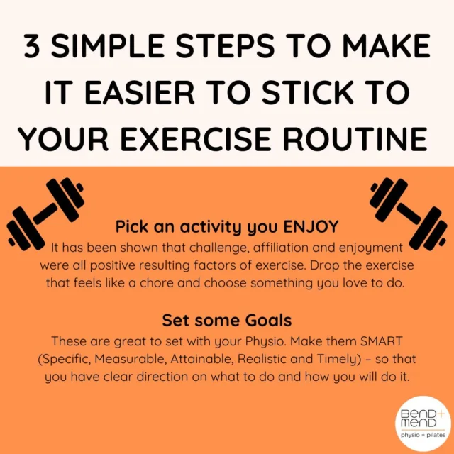 We all have different ways of making sure we stick to our exercise routine. Maybe you book it in your calendar, or save your favourite playlist for your workout? Once you stick with it for a while you will notice all the amazing benefits which will give you extra motivation to keep going!#sportsphysio #physiosportscbd #physiosydneycbd #physiosydney #bendandmend