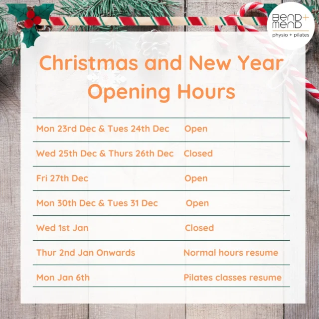 Bend + Mend is open every business day throughout the Christmas and New Year period.
We only close on the public holidays.
Group Pilates Classes are paused from Saturday December 21st to Sunday January 5th.
Classes resume Monday January 6th at your usual times.#physiosydneycbd #bendandmend #pilatessydneycbd