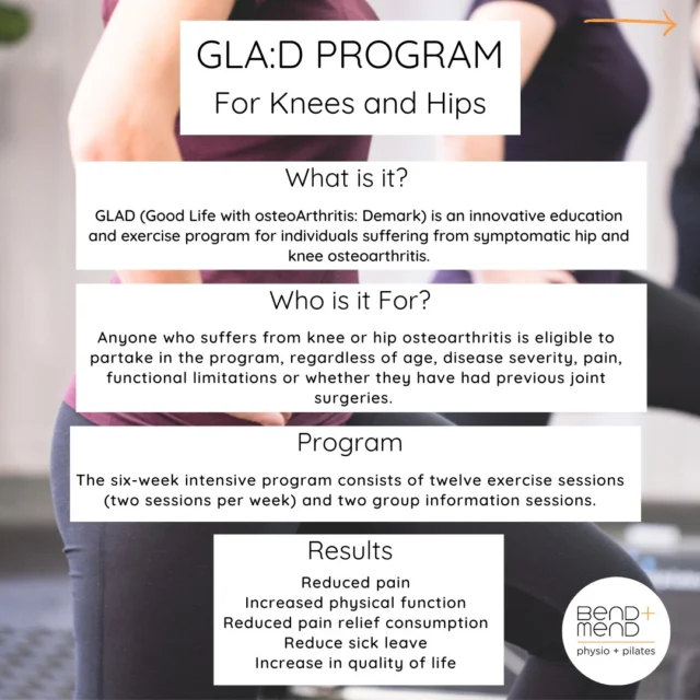 Now offered at Bend + Mend Martin Place.
Have you heard about GLA:D® for hip and knee arthritis?
GLA:D (Good Life with osteoArthritis: Demark) is an innovative education and exercise program for people with hip and knee osteoarthritis.#sydneyphysio #physiosydneycbd #gladprogram #gladphysio #bendandmend