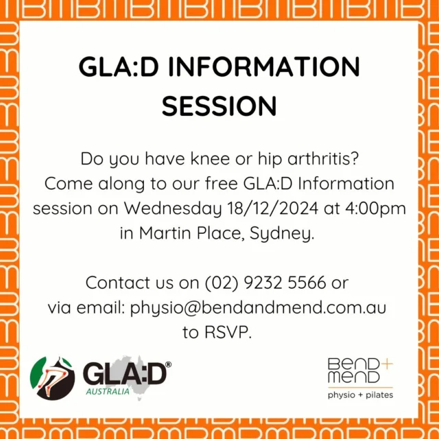 GLA:D® (Good Life with osteoArthritis: Demark) is an innovative education and exercise program for individuals suffering from symptomatic hip and knee osteoarthritis. This progamme is currently being offered at Bend + Mend | Martin Place.#gladphysio #bendandmend #physiosydneycbd #gladprogram