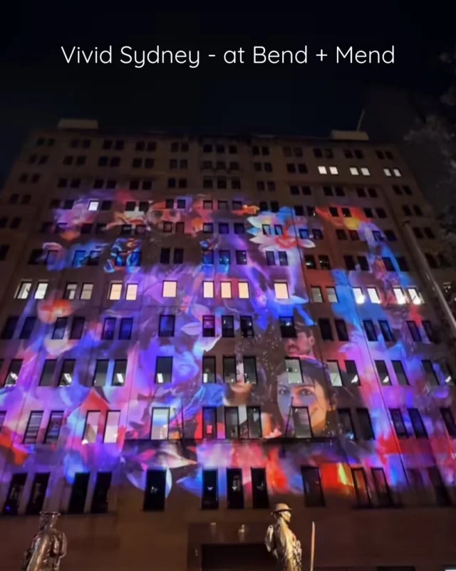 Our evening patients and pilates classes have been in for a treat this week as @vividsydney  lights up our windows at Martin Place!#vividsydney #bendandmend