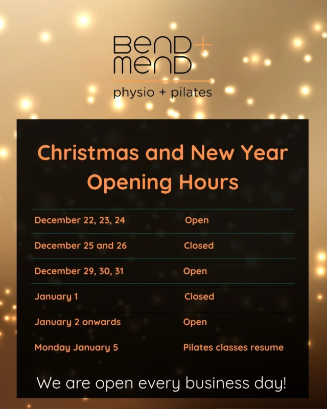 ✨ Christmas & New Year Opening Hours ✨We’re open for Physio every business day, with Pilates classes resuming Monday Jan 5.
Spots fill fast this time of year — book ahead to secure your session! 🎁
#physiosydneycbd #BendAndMend #SydneyPhysio #bendandmend