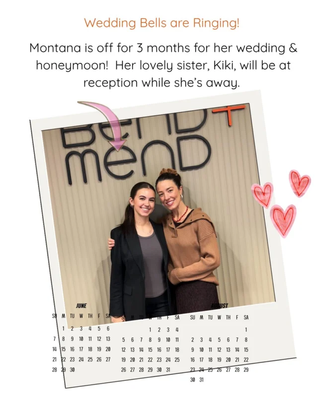 Welcome to Kiki who is stepping in for Montana while she is getting married overseas.
We look forward to hearing all about it when you return in August! In the meantime we are all in good hands 💍#bendandmend #DestinationWedding #weddingbells #sisterhood