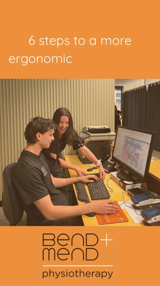 If you’re sitting all day and your hips are getting sore your desk setup might be the reason.
Here are 6 quick ergonomic fixes you can make in under 30 seconds:Here are 6 quick ergonomic fixes you can make in under 30 seconds:Chair height: Hips level, knees at 90°Back‑rest: Support your lower backChair in + feet flat: Bring the chair closeMonitor eye level: Top of screen at eye heightKeyboard close + mouse in: Elbows relaxed by your sidesRest breaks: Move every 30–45 minutes#ergonomics #physiotherapy #posturetips #sydneyphysio #bendandmend #workplacewellness #hippain #desksetup