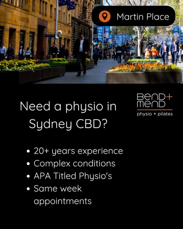 At Bend + Mend, we have APA Titled Physio's who have over 20 years experience in treating patients in Sydney's CBD. We treat complex sports and spinal conditions, and get you back to doing what you love quicker and stronger than ever. Book an appointment with one of our highly trained Physio's today.#bendandmend #SydneyPhysiotherapy #sydneyphysiocbd #PhysiotherapistSydney #martinplacephysio #elitespinalphysio