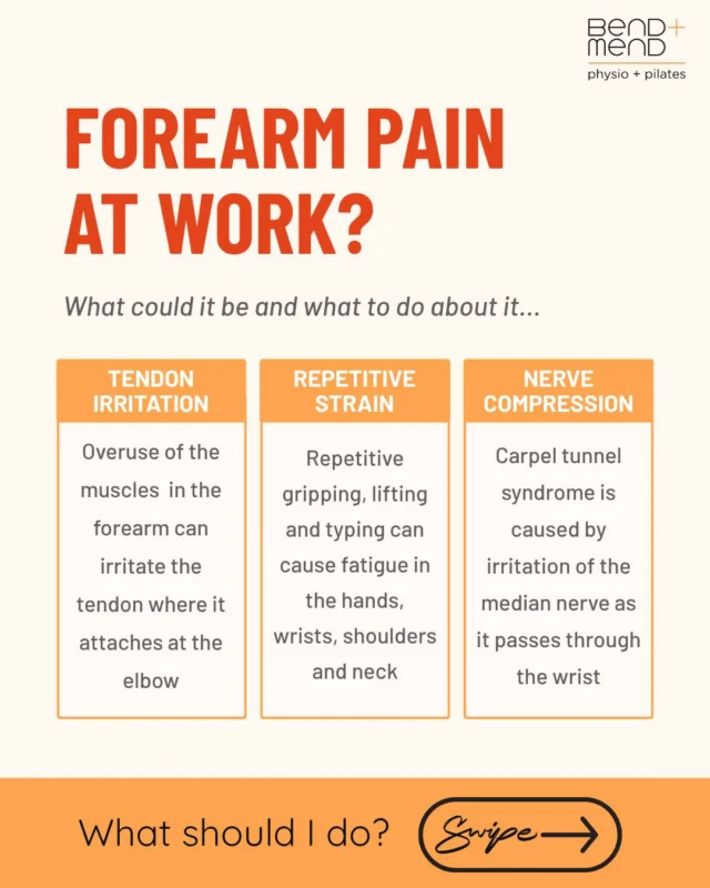 Wrist or forearm pain creeping in during your workday?Hours of typing, scrolling and using a mouse can put more strain on your wrists and forearms than you might realise.A few simple ergonomic changes can help 👇Keep your mouse close
Keep your wrists relaxed while typing
Check your chair and desk setup
Change position and take regular movement breaks
Build strength gradually rather than simply restingIf pain, tingling, numbness or weakness is sticking around, don’t ignore it.Our latest article looks at ergonomics for wrist and forearm pain and what you can do to improve your workstation setup.👉 Read the full article via the website link in our bio.#SydneyCBD #SydneyCBDPhysio #SydneyPhysio #CBDPhysio #PhysioSydney #SydneyCity #SydneyWorkers #SydneyOfficeWorkers #SydneyWorkplace #SydneyHealth #WorkplaceWellness #WristPain #ForearmPain #Ergonomics #bendandmend